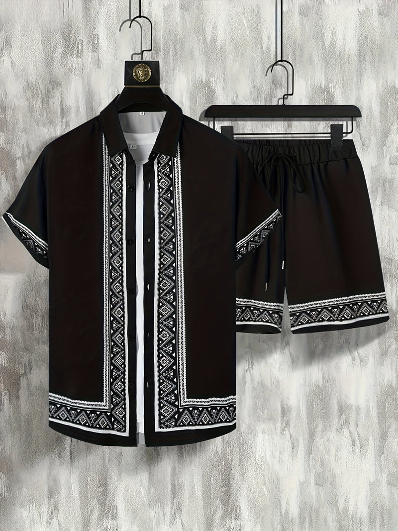 Boho Sommer Set Herren | zweiteilig Shirt Shorts | locker bequem | trendig Urlaub-Schwarz-M(48)-Luzern Mode