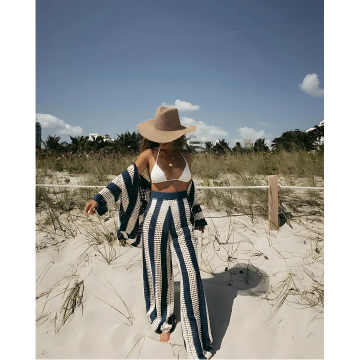 Boho Strand Set Damen | Luftig gehäkelt & bequem | Sommer Outfit für Urlaub-Dunkelblau-S-Luzern Mode