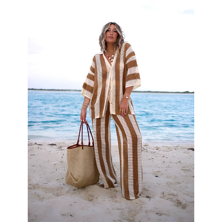 Boho Strand Set Damen | Luftig gehäkelt & bequem | Sommer Outfit für Urlaub-Khaki-S-Luzern Mode