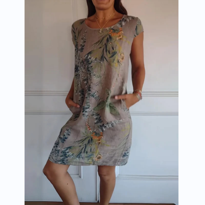 Sommerkleid Damen | Botanischer Blumenprint | Rundhals | A-Linie | Luftig & bequem-Khaki-S-Luzern Mode