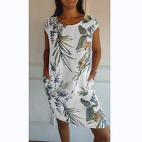 Sommerkleid Damen | Botanischer Blumenprint | Rundhals | A-Linie | Luftig & bequem-Weiß-Grün-S-Luzern Mode