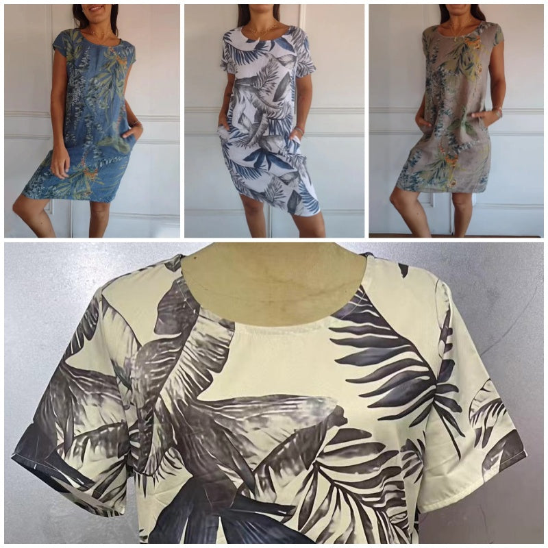 Sommerkleid Damen | Botanischer Blumenprint | Rundhals | A-Linie | Luftig & bequem-Luzern Mode