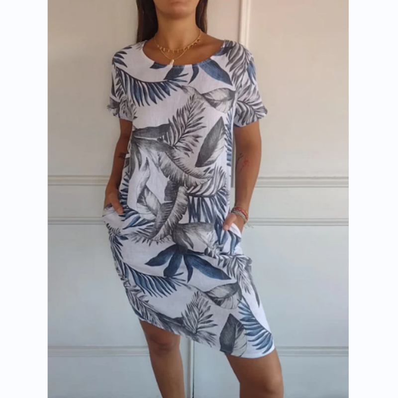 Sommerkleid Damen | Botanischer Blumenprint | Rundhals | A-Linie | Luftig & bequem-Weiß-S-Luzern Mode