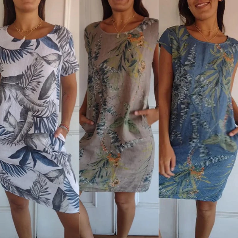 Sommerkleid Damen | Botanischer Blumenprint | Rundhals | A-Linie | Luftig & bequem-Luzern Mode