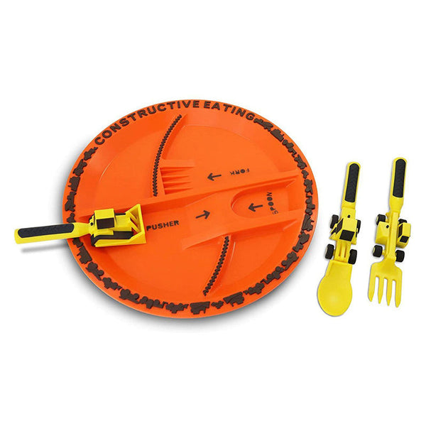 Kinderbesteck Set | Bulldozer Teller Gabel Löffel Langlebig Vielseitig-Komplettset (3 Gabeln + 1 Teller)-Luzern Mode