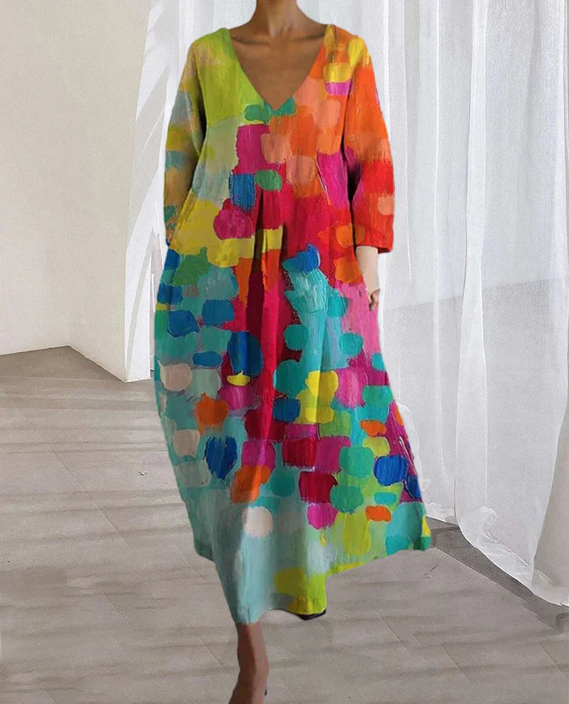 Buntes Kleid | Mehrfarbig | V-Ausschnitt | Lockere Passform | Lange Ärmel-Luzern Mode