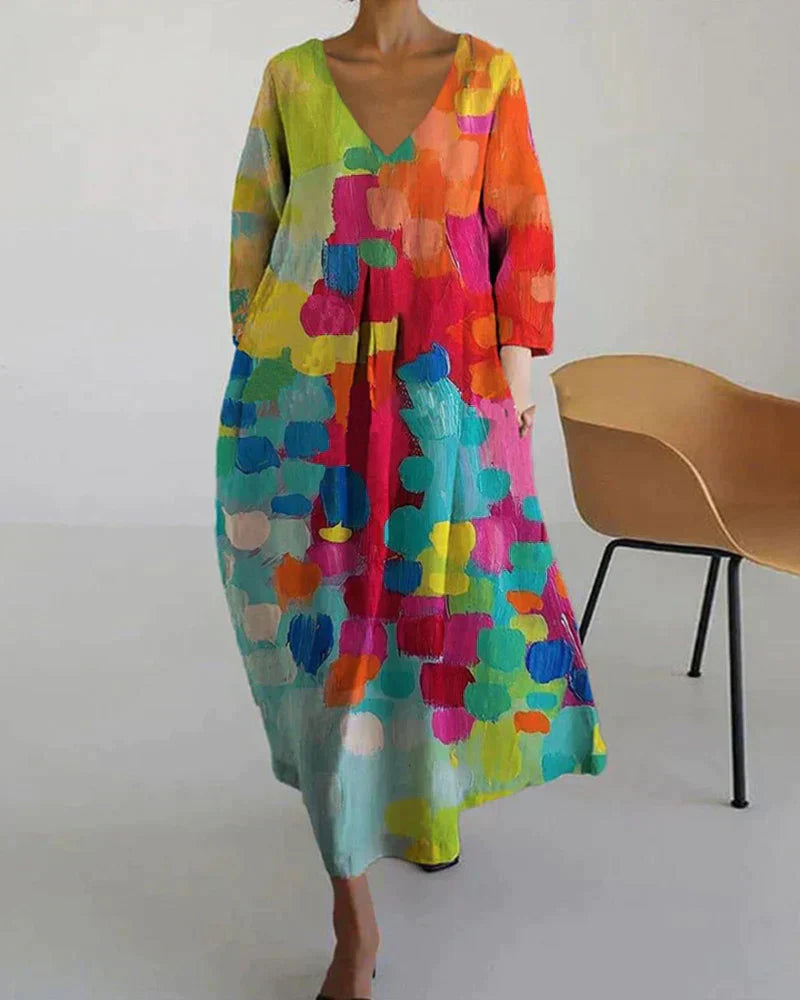 Buntes Kleid | Mehrfarbig | V-Ausschnitt | Lockere Passform | Lange Ärmel-Luzern Mode