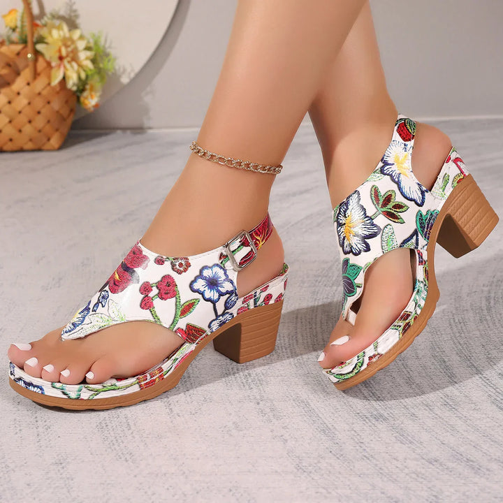 Sandalen Damen | Blumenmuster bunt | Blockabsatz mittelhoch | dicke Sohle | bequem-Luzern Mode