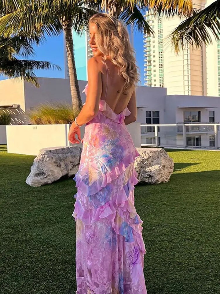 Maxi Sommerkleid | Bunt | Rüschen | Ärmellos | V-Ausschnitt | Lockere Passform-Luzern Mode