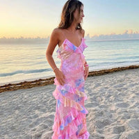 Maxi Sommerkleid | Bunt | Rüschen | Ärmellos | V-Ausschnitt | Lockere Passform-Rosa-S-Luzern Mode