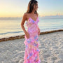 Maxi Sommerkleid | Bunt | Rüschen | Ärmellos | V-Ausschnitt | Lockere Passform-Rosa-S-Luzern Mode