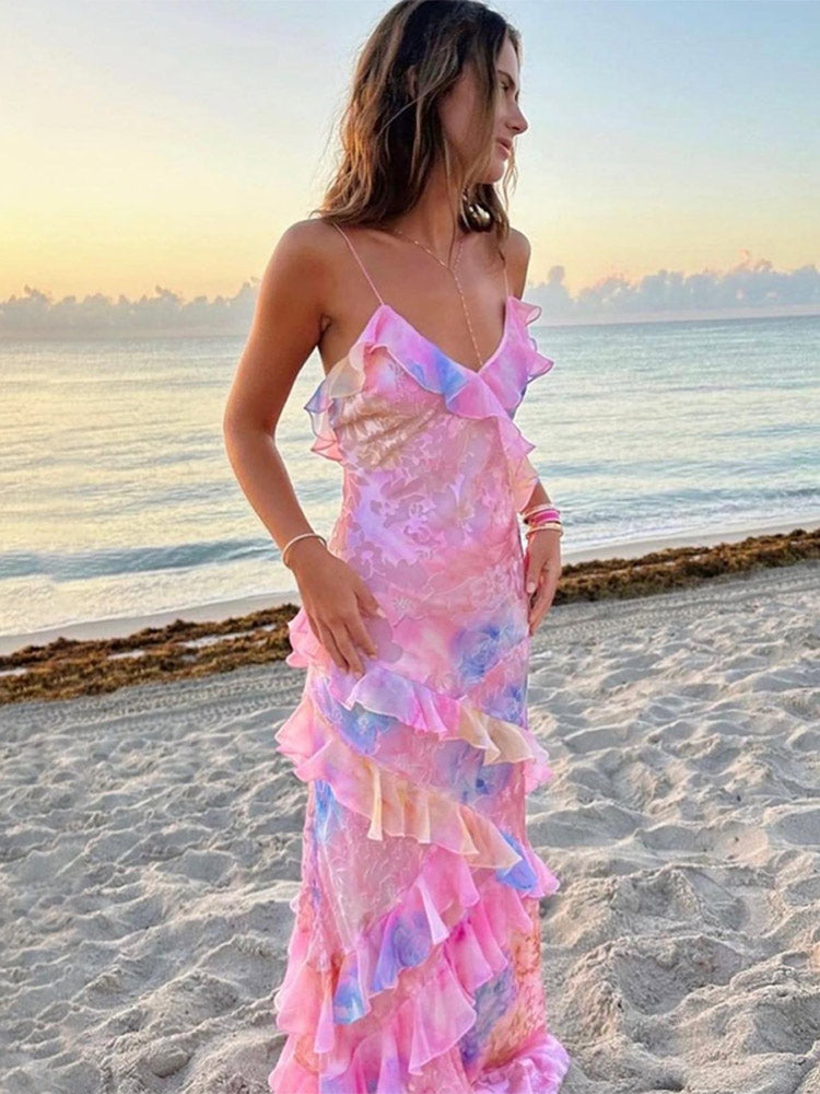 Buntes Sommerkleid | Verspielten Rüschen | Locker | Ärmellos | Luftig-Rosa-S-Luzern Mode