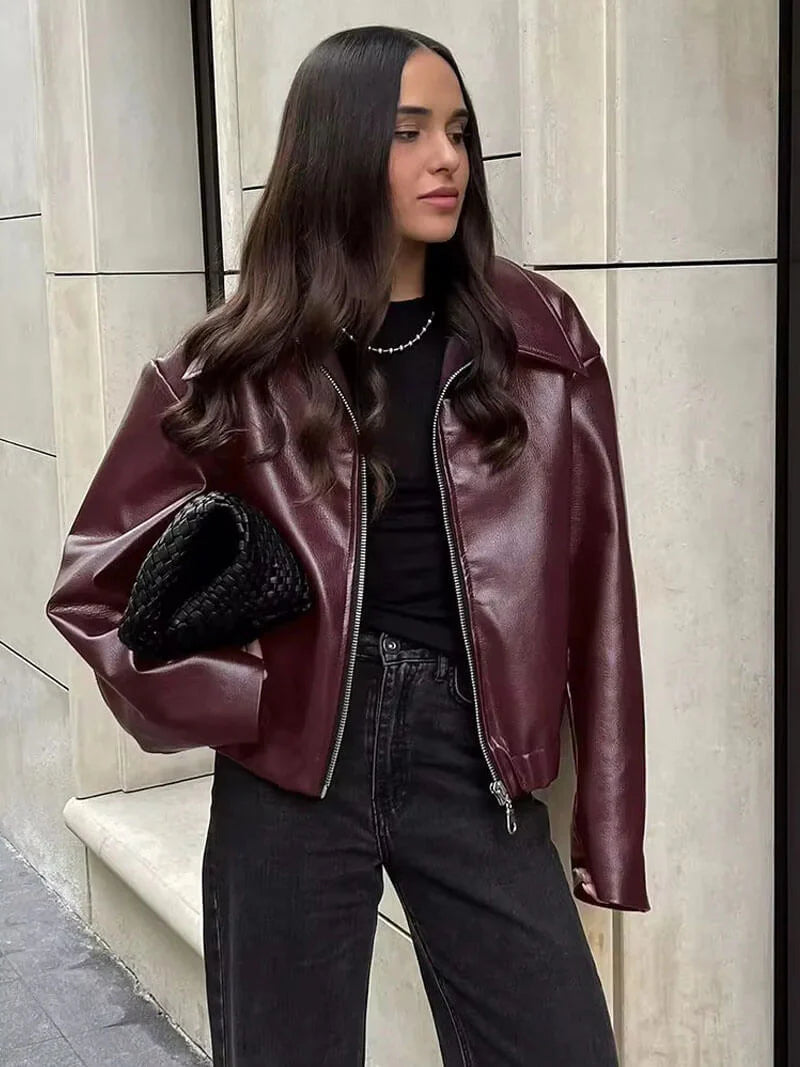 Bordeauxrote Leder Damenjacke mit Reißverschluss – Alessia