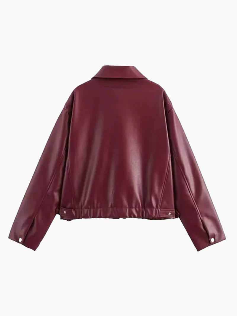 Bordeauxrote Leder Damenjacke mit Reißverschluss – Alessia