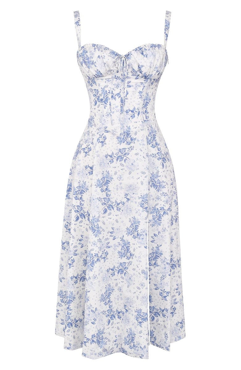 Sommerkleid | Ärmellos | Bustier | Kordelzug | Herz-Ausschnitt | Seitenschlitz-Knie Länge - 1 Schicht-Blaue Blumen-S-Luzern Mode