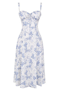 Sommerkleid | Ärmellos | Bustier | Kordelzug | Herz-Ausschnitt | Seitenschlitz-Knie Länge - 1 Schicht-Blaue Blumen-S-Luzern Mode