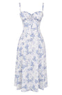 Sommerkleid | Ärmellos | Bustier | Kordelzug | Herz-Ausschnitt | Seitenschlitz-Knie Länge - 1 Schicht-Blaue Blumen-S-Luzern Mode