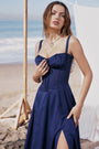 Sommerkleid | Ärmellos | Bustier | Kordelzug | Herz-Ausschnitt | Seitenschlitz-Knie Länge - 1 Schicht-Dunkelblau-S-Luzern Mode