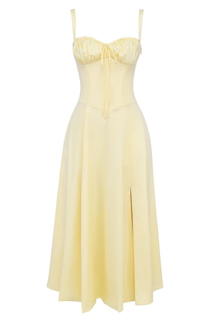 Sommerkleid | Ärmellos | Bustier | Kordelzug | Herz-Ausschnitt | Seitenschlitz-Knie Länge - 1 Schicht-Gelb-S-Luzern Mode