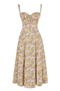 Sommerkleid | Ärmellos | Bustier | Kordelzug | Herz-Ausschnitt | Seitenschlitz-Knie Länge - 1 Schicht-Gelbe Blumen-S-Luzern Mode