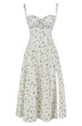 Sommerkleid | Ärmellos | Bustier | Kordelzug | Herz-Ausschnitt | Seitenschlitz-Knie Länge - 1 Schicht-Grüne Blumen-S-Luzern Mode