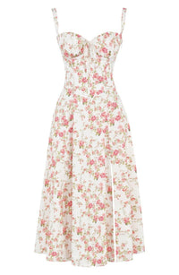Sommerkleid | Ärmellos | Bustier | Kordelzug | Herz-Ausschnitt | Seitenschlitz-Knie Länge - 1 Schicht-Rosa Blumen-S-Luzern Mode
