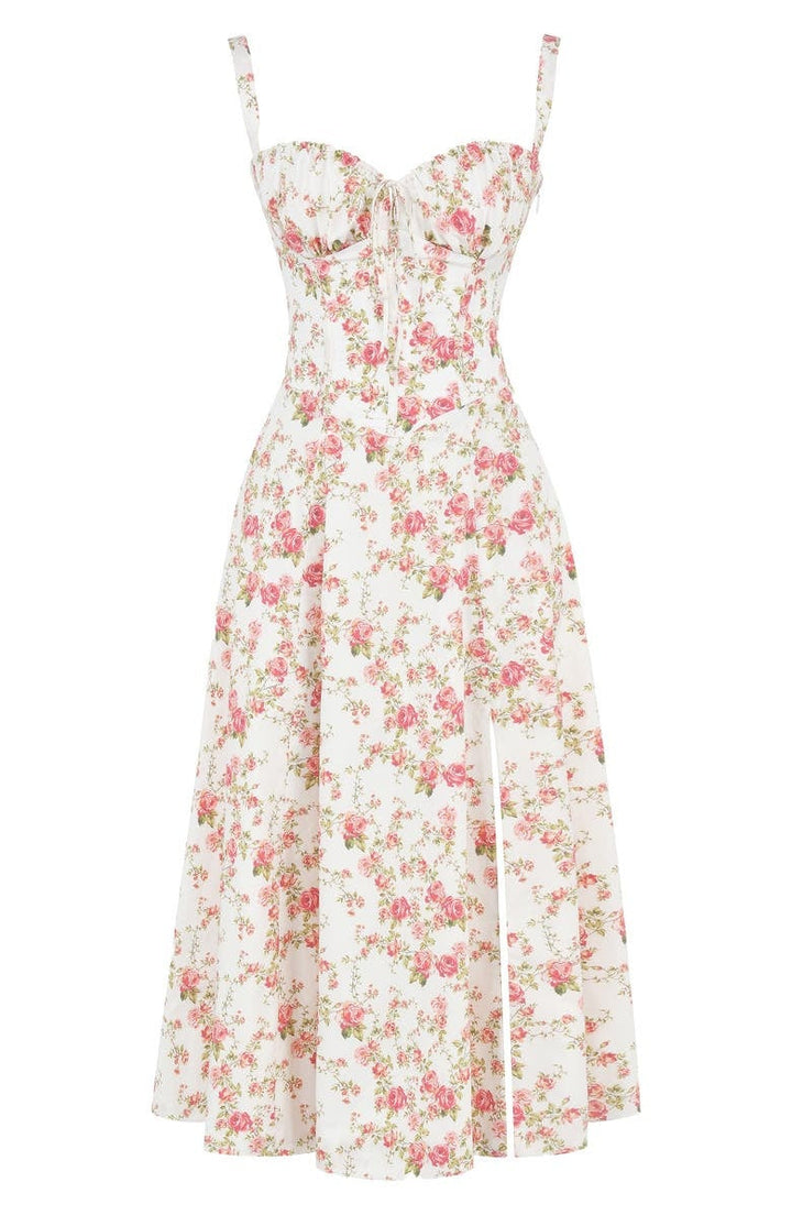 Sommerkleid | Ärmellos | Bustier | Kordelzug | Herz-Ausschnitt | Seitenschlitz-Knie Länge - 1 Schicht-Rosa Blumen-S-Luzern Mode
