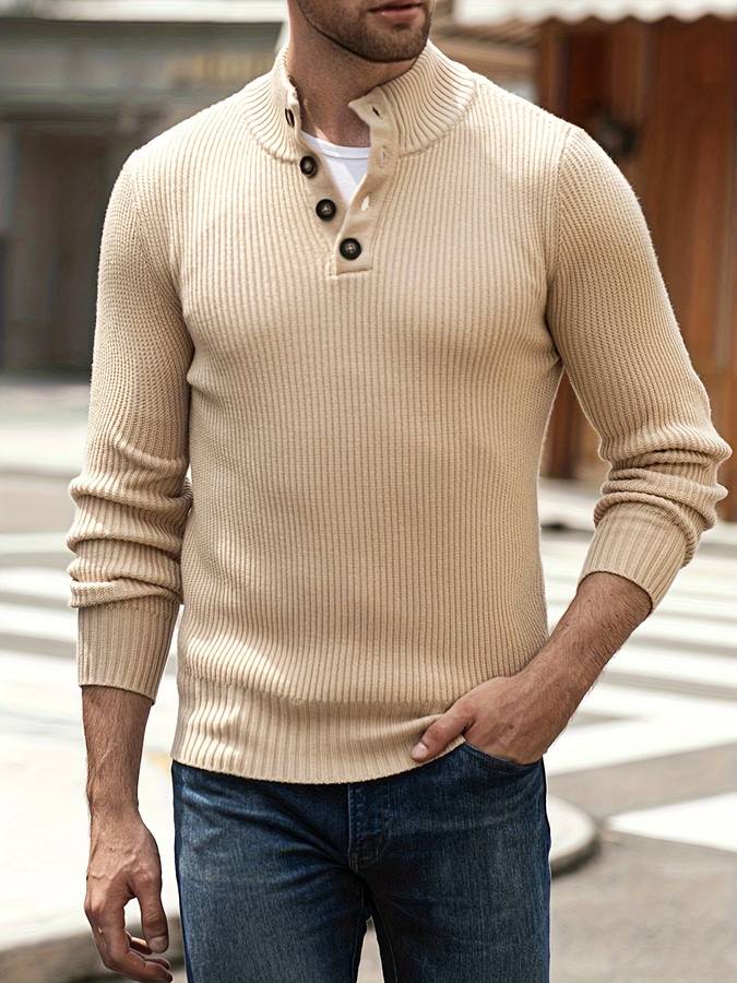 Herren Strickpullover mit Stehkragen und Knopfleiste-Beige-M-Luzern Mode