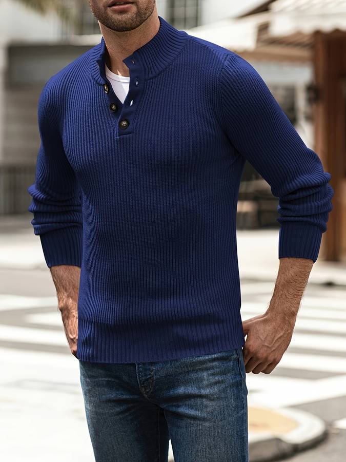 Herren Strickpullover mit Stehkragen und Knopfleiste-Blau-M-Luzern Mode
