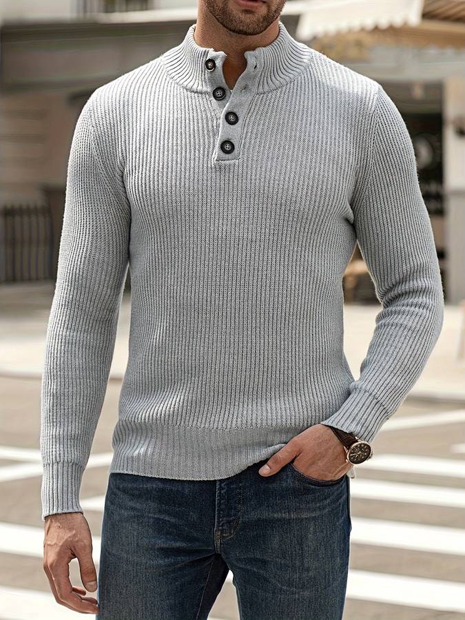 Herren Strickpullover mit Stehkragen und Knopfleiste-Grau-M-Luzern Mode