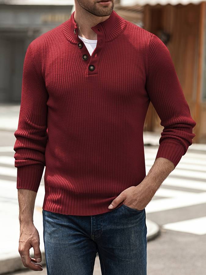 Herren Strickpullover mit Stehkragen und Knopfleiste-Rot-M-Luzern Mode
