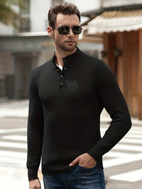 Herren Strickpullover mit Stehkragen und Knopfleiste-Schwarz-M-Luzern Mode