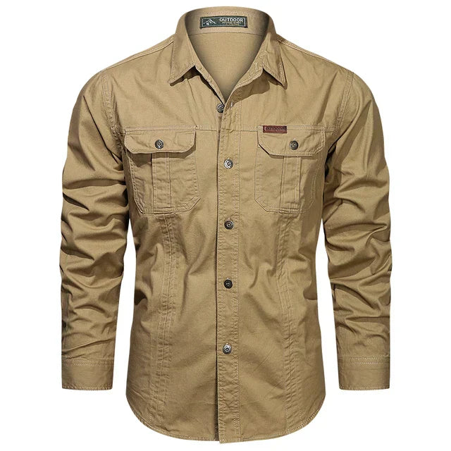 Herren Langarmhemd mit Taschen - Freizeit Business Hemd-Khaki-S-Luzern Mode