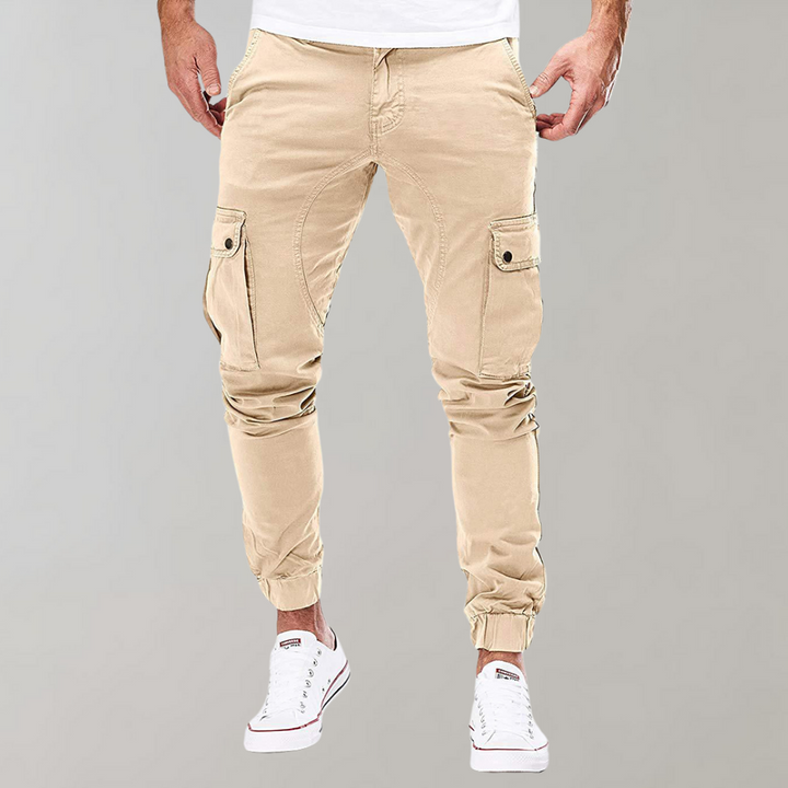 Herren Cargo-Hose | Lang | Schmale Passform | Uni | Kordelzug | Taschen-Beige-S-Luzern Mode