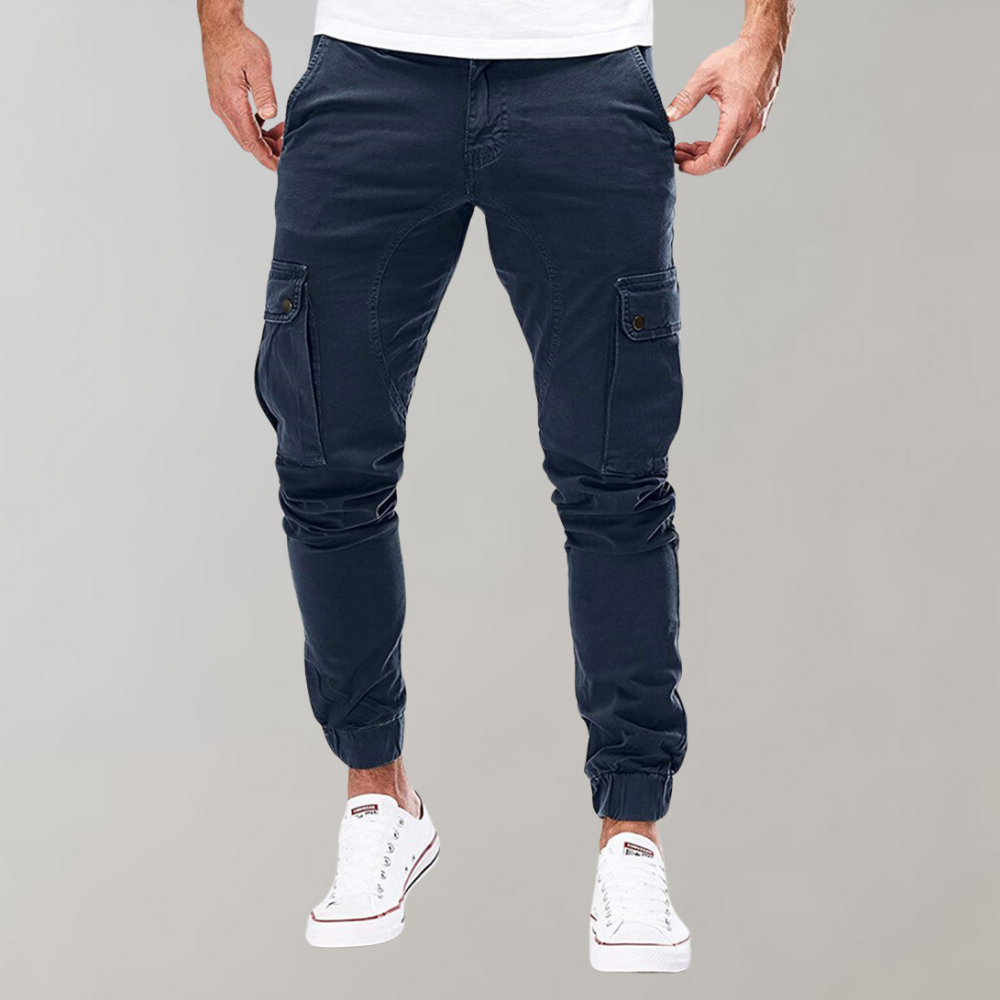 Herren Cargo-Hose | Lang | Schmale Passform | Uni | Kordelzug | Taschen-Dunkelblau-S-Luzern Mode
