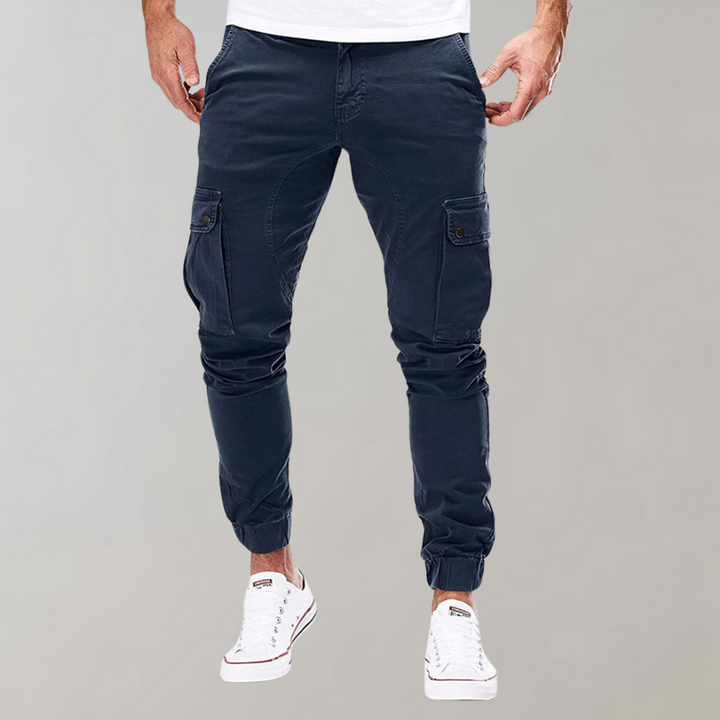 Herren Cargo-Hose | Lang | Schmale Passform | Uni | Kordelzug | Taschen-Dunkelblau-S-Luzern Mode