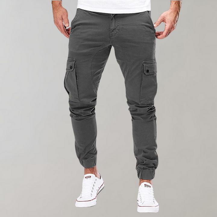 Herren Cargo-Hose | Lang | Schmale Passform | Uni | Kordelzug | Taschen-Dunkelgrau-S-Luzern Mode