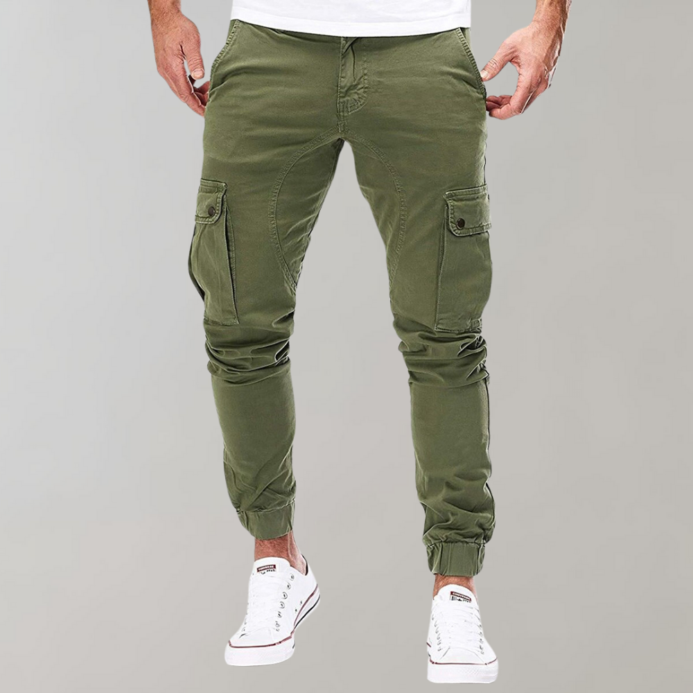 Herren Cargo-Hose | Lang | Schmale Passform | Uni | Kordelzug | Taschen-Grün-S-Luzern Mode