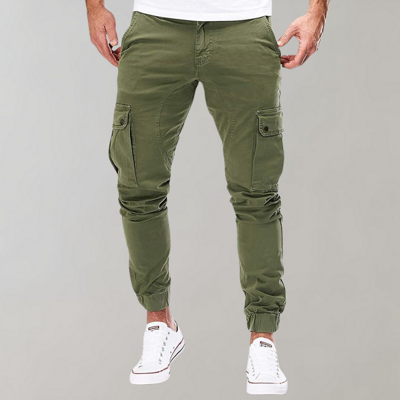 Herren Cargo-Hose | Lang | Schmale Passform | Uni | Kordelzug | Taschen-Grün-S-Luzern Mode