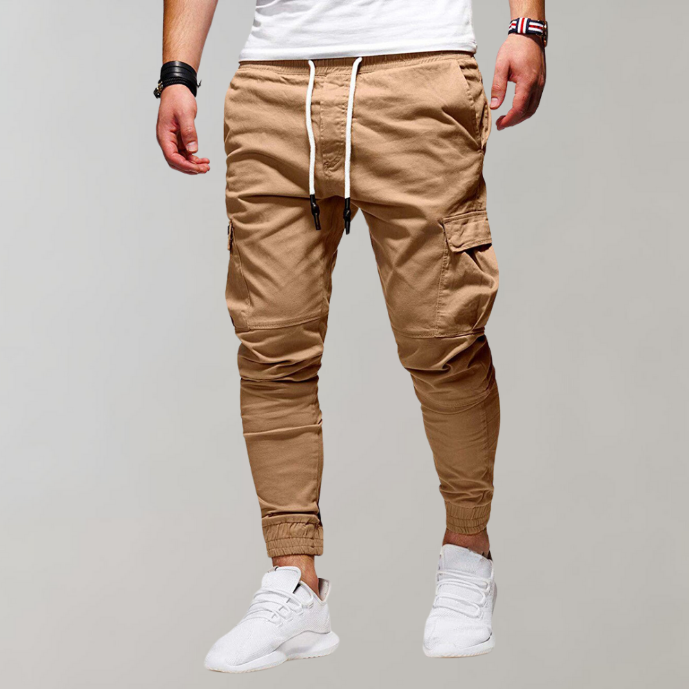 Herren Cargo-Hose | Lang | Schmale Passform | Uni | Kordelzug | Taschen-Khaki-S-Luzern Mode