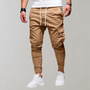 Herren Cargo-Hose | Lang | Schmale Passform | Uni | Kordelzug | Taschen-Khaki-S-Luzern Mode