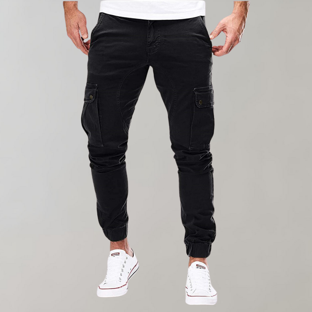 Herren Cargo-Hose | Lang | Schmale Passform | Uni | Kordelzug | Taschen-Schwarz-S-Luzern Mode