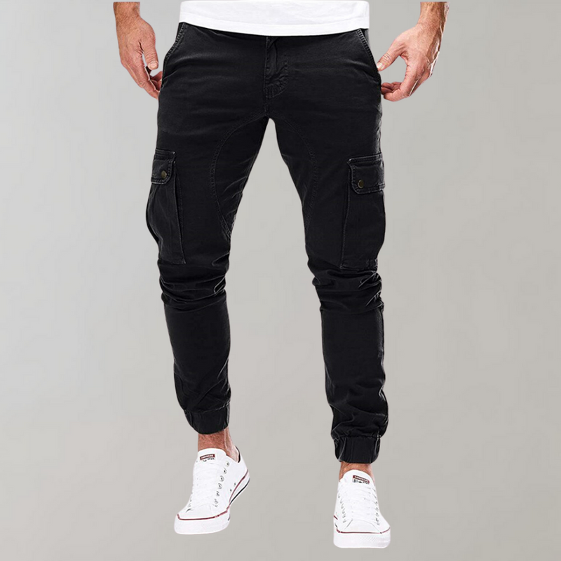 Herren Cargo-Hose | Lang | Schmale Passform | Uni | Kordelzug | Taschen-Schwarz-S-Luzern Mode