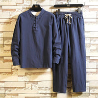 Herren Leinen Pyjama Set mit Stehkragen und Kordelzug-Dunkelblau-M-Luzern Mode