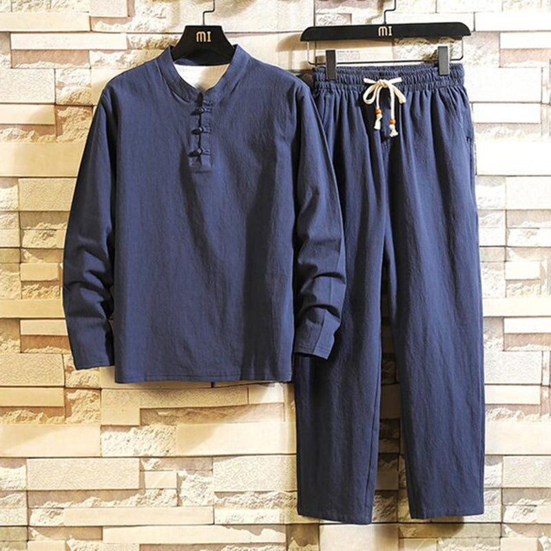 Herren Leinen Pyjama Set mit Stehkragen und Kordelzug-Dunkelblau-M-Luzern Mode