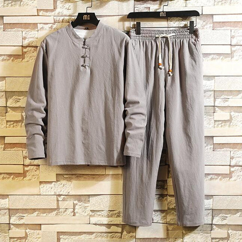 Herren Leinen Pyjama Set mit Stehkragen und Kordelzug-Grau-M-Luzern Mode