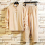 Herren Leinen Pyjama Set mit Stehkragen und Kordelzug-Khaki-M-Luzern Mode