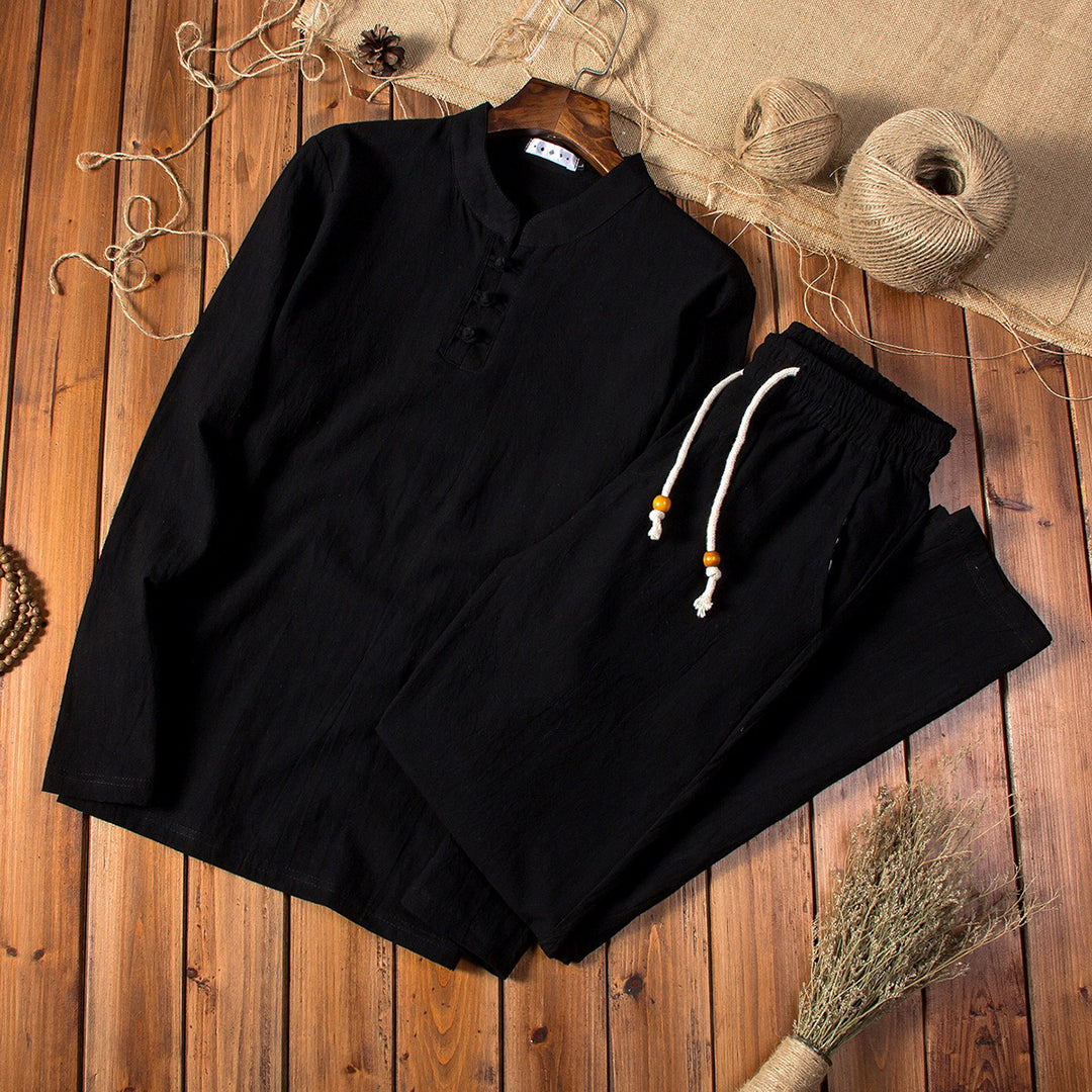 Herren Leinen Pyjama Set mit Stehkragen und Kordelzug-Luzern Mode