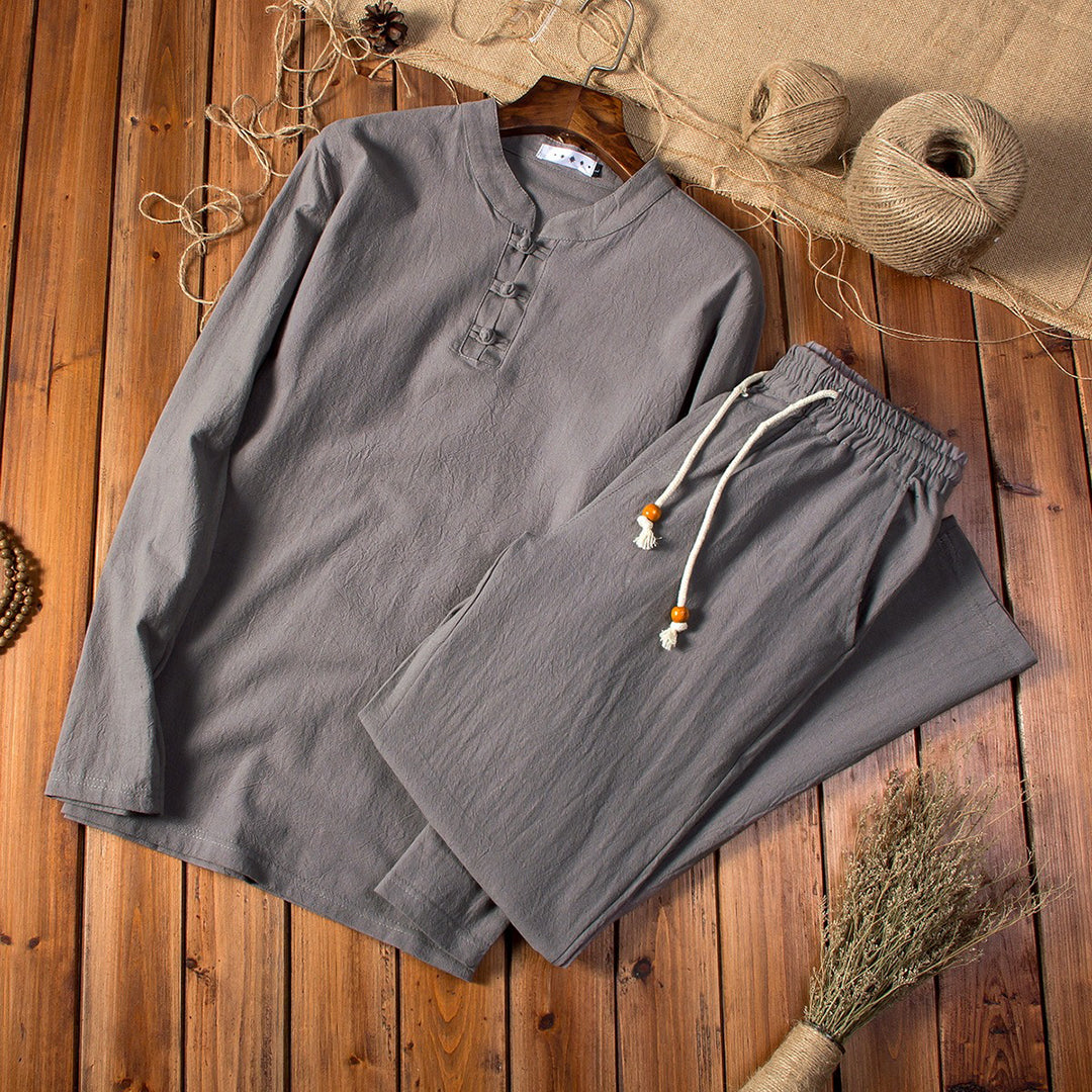 Herren Leinen Pyjama Set mit Stehkragen und Kordelzug-Luzern Mode