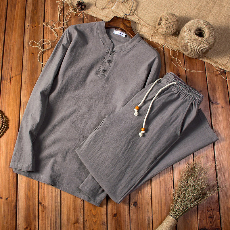 Herren Leinen Pyjama Set mit Stehkragen und Kordelzug-Luzern Mode